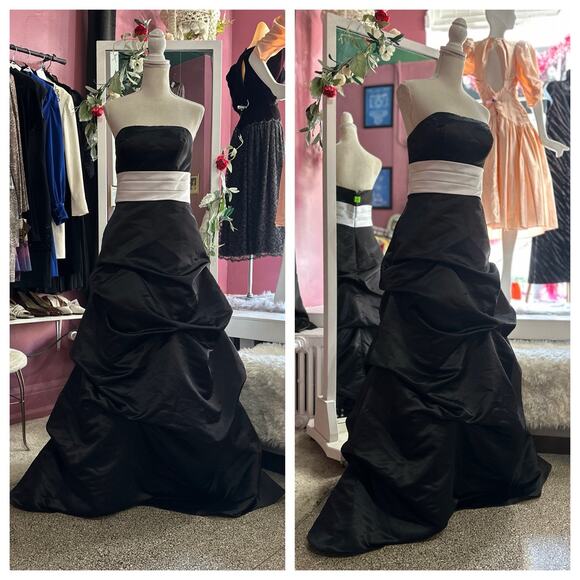 Vintage Y2K 2000s Strapless Formal Prom Evening Dress Black White A Line S/M - Picture 1 of 8